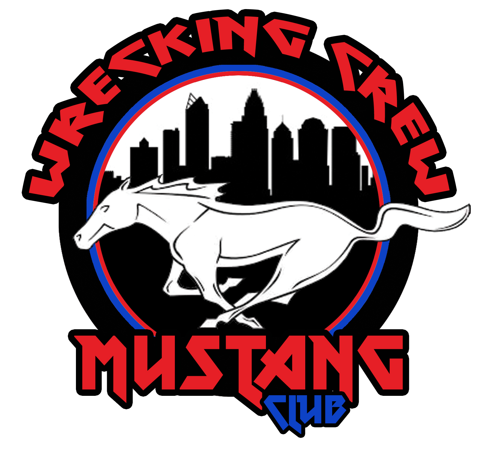 Wrecking Crew Mustang Club logo horse with red letters circling