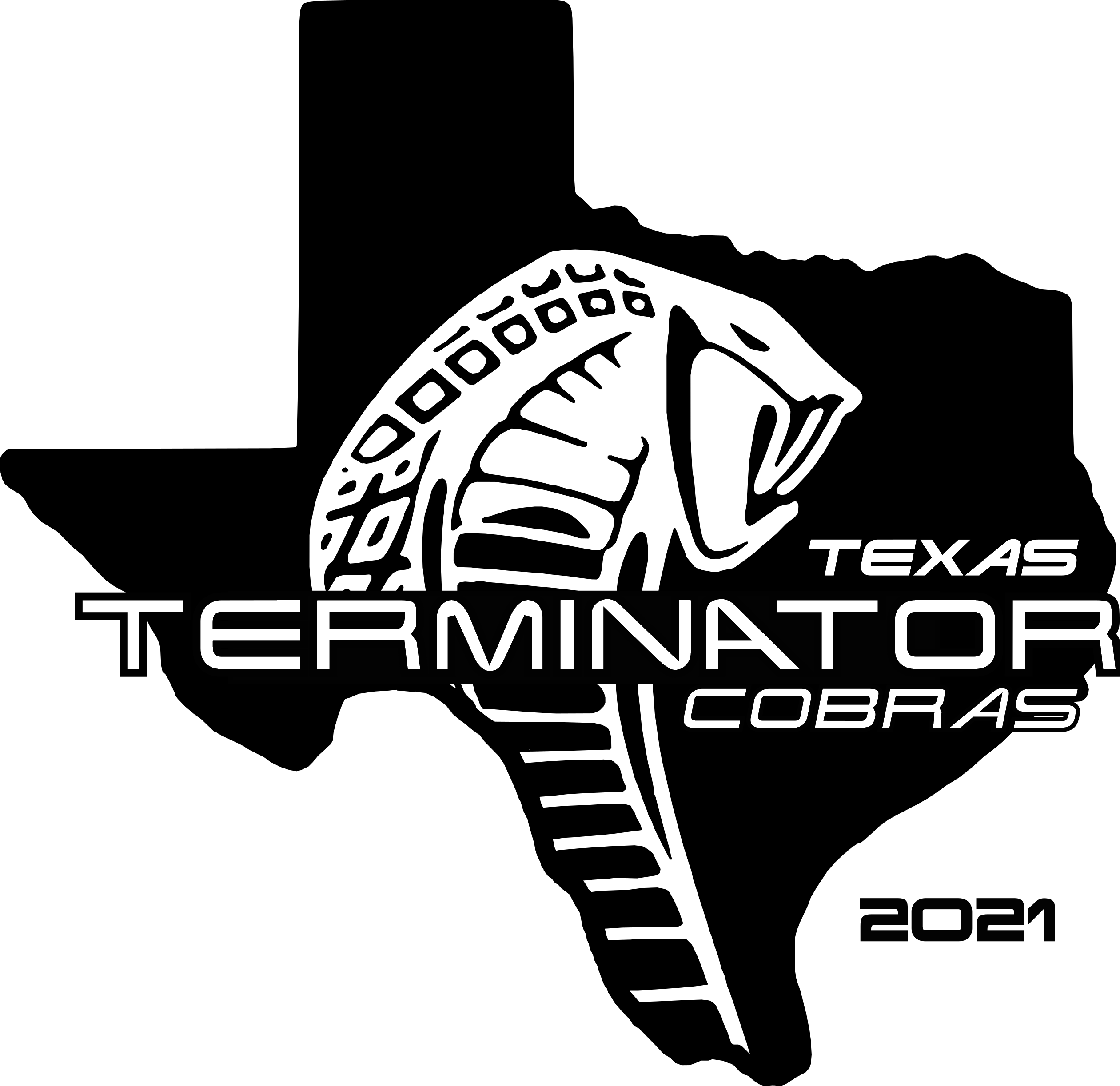 DFW Terminator Cobras Logo in shape of Texas with Snake in middle
