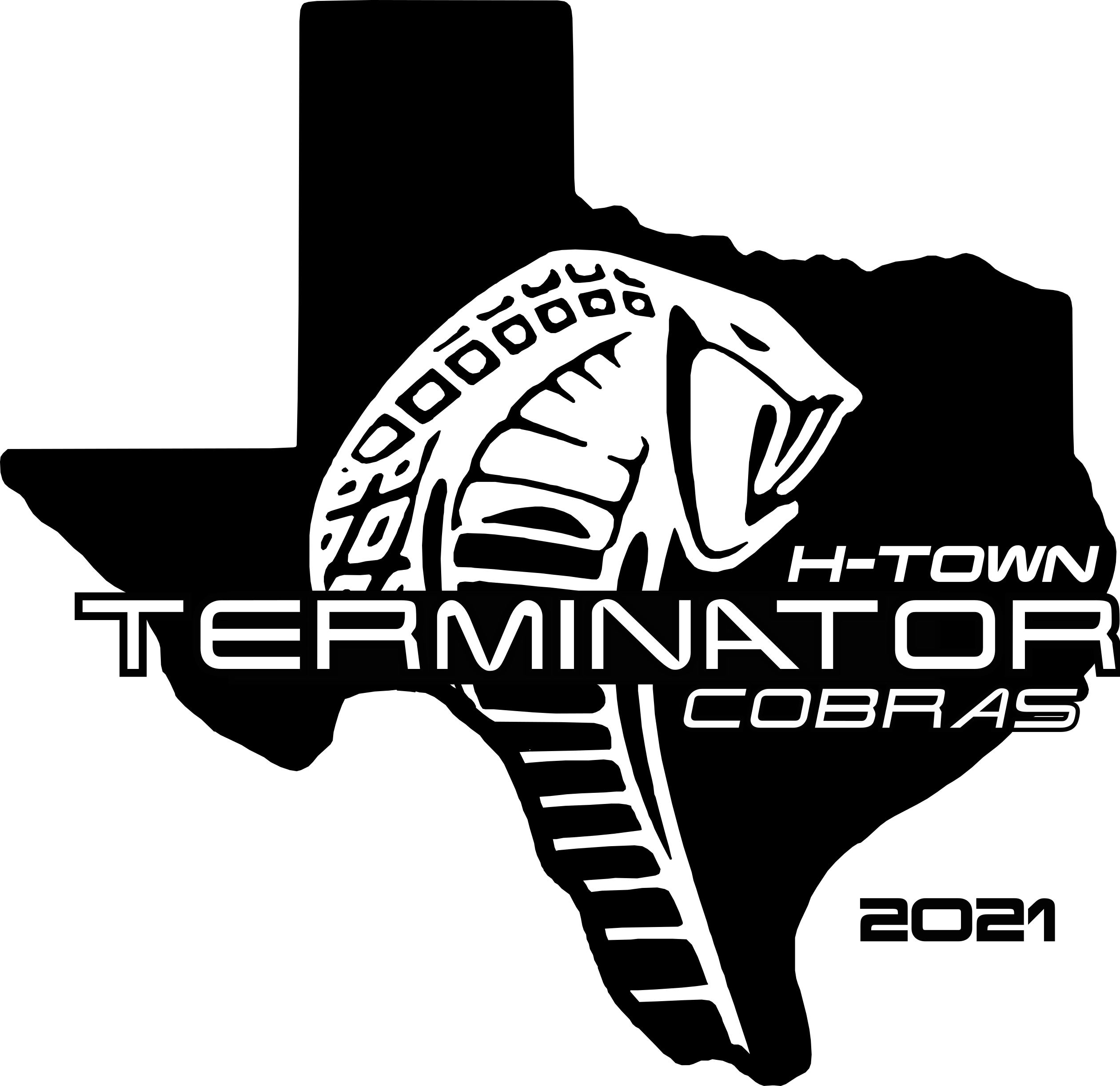 Houston Terminator Cobras logo in shape of Texas with Snake in the middle