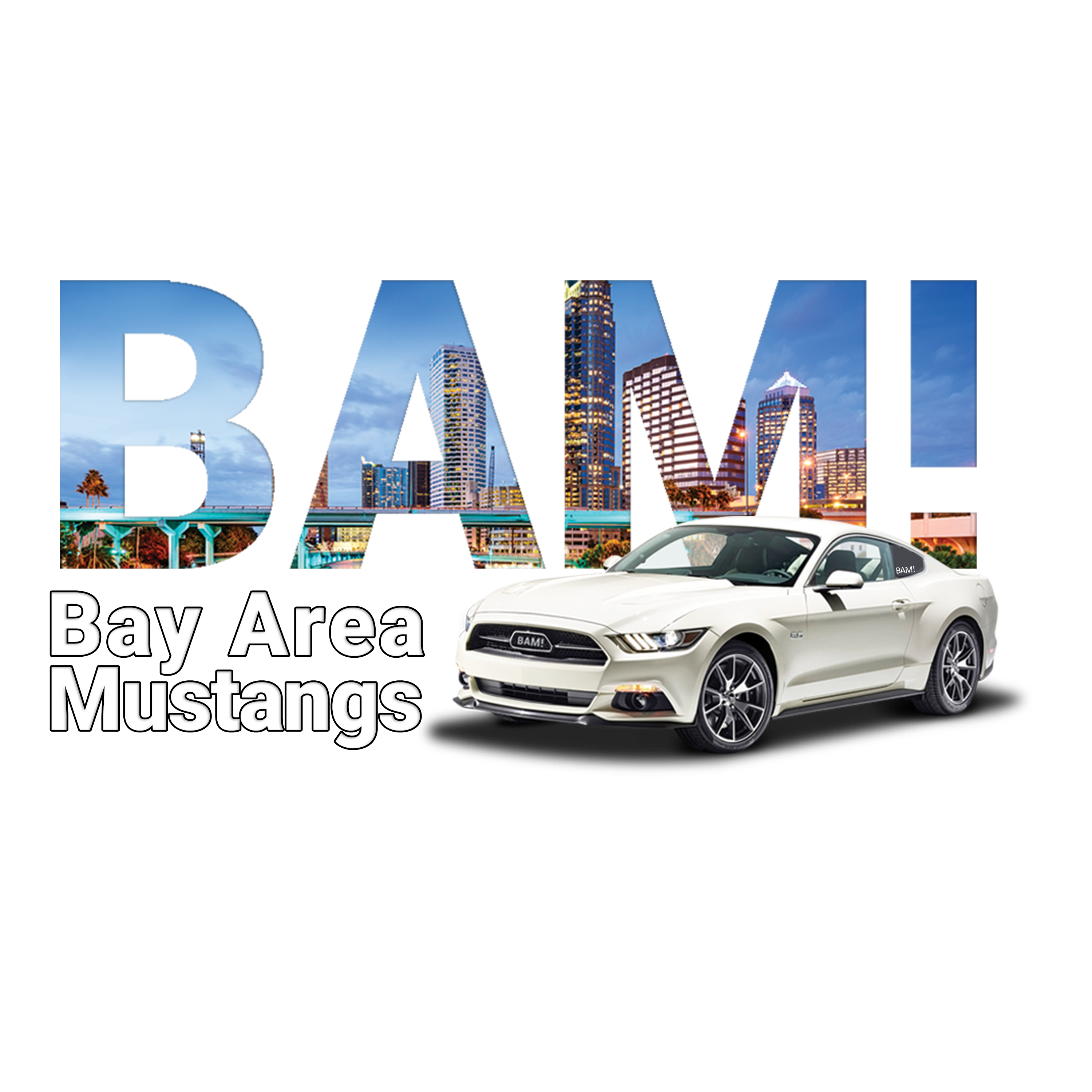 White Mustang with BAM in the background